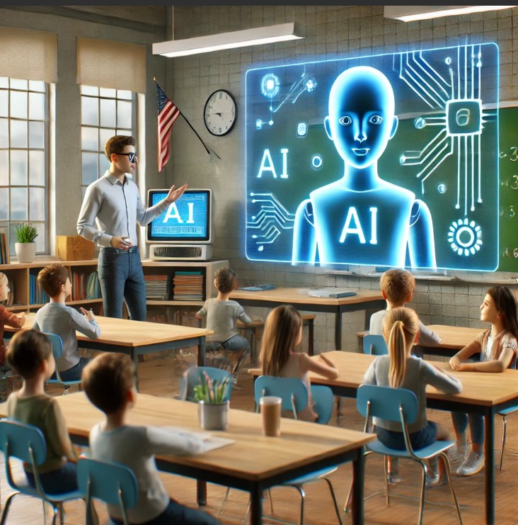 A person standing in front of a screen with a robot on it

Description automatically generated